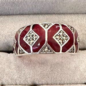VINTAGE STERLING SILVER RED ENAMEL PLIQUE A JOUR MARCASITE RING SIZE 10